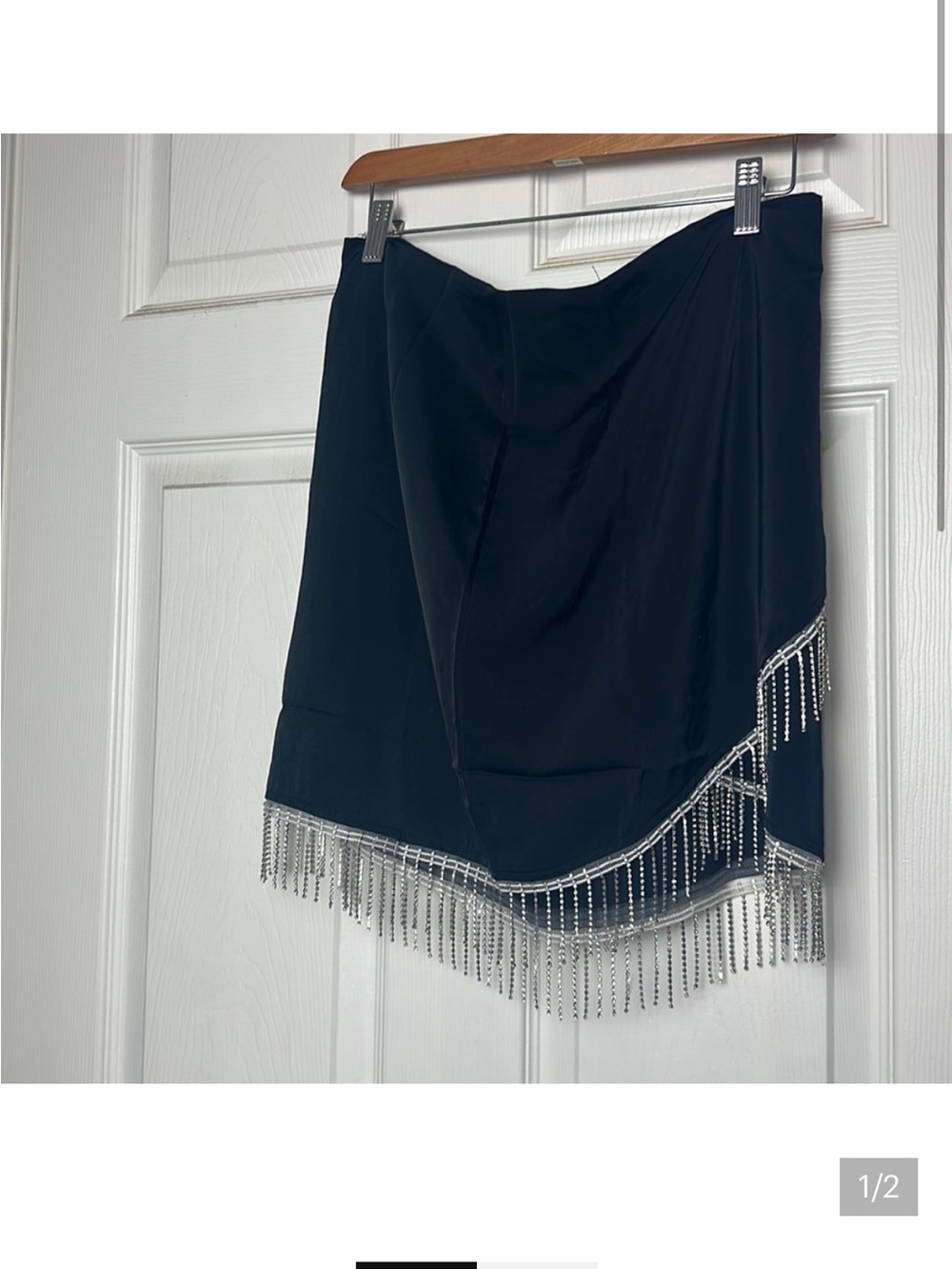 Lulus Black Satin Mini Skirt Rhinestone Fringe Glam Party Festival Skirt